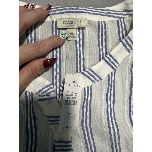 NWT Talbots Women's White Blue Stripe Henley Blouse  100% Cotton XL Casual Relax - Picture 4 of 7
